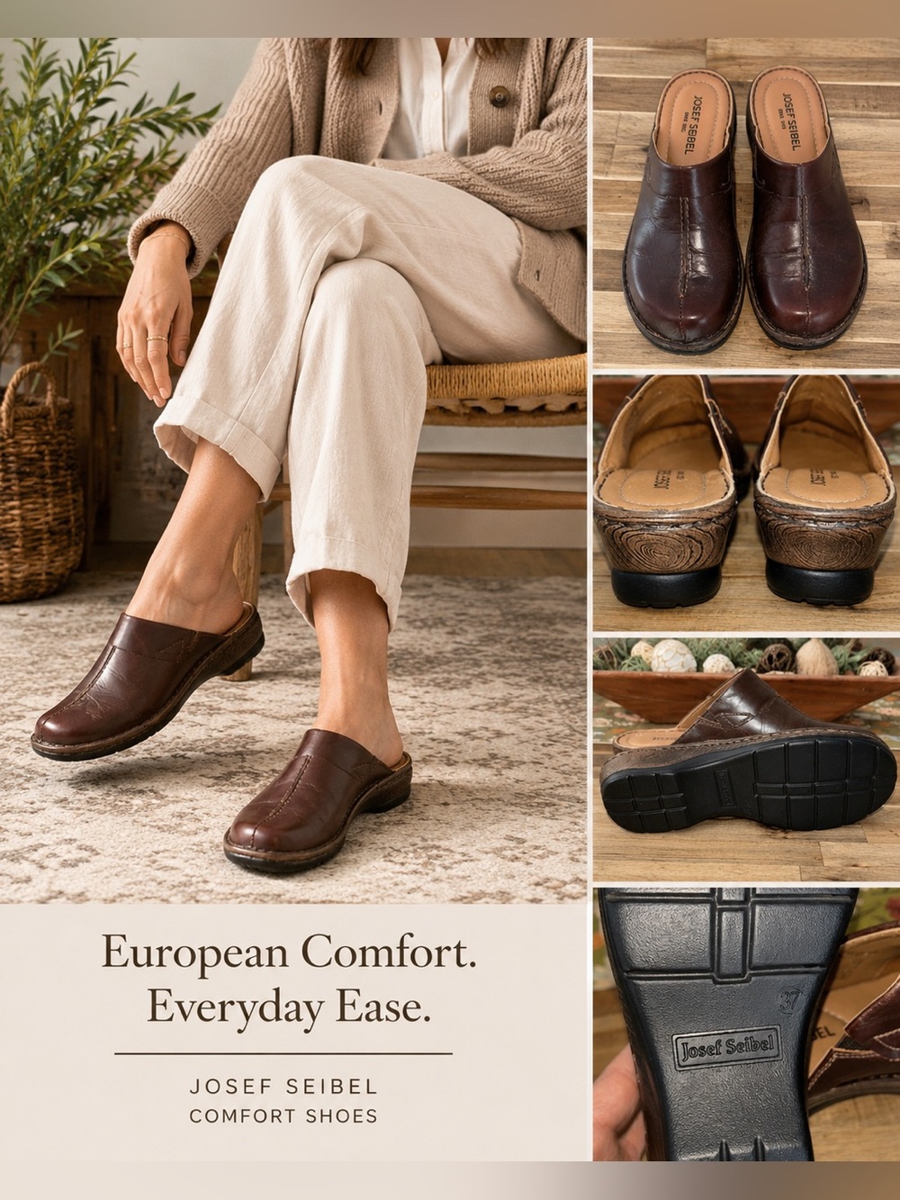 Josef Seibel Brown Leather Mule Clogs Slip On Comfort Shoes EU 37 US 6.5 7